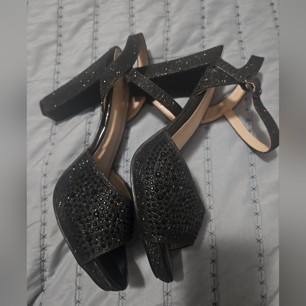 Forever 21 Black Sparkle Open-Toe Ankle Strap Heels 8.5